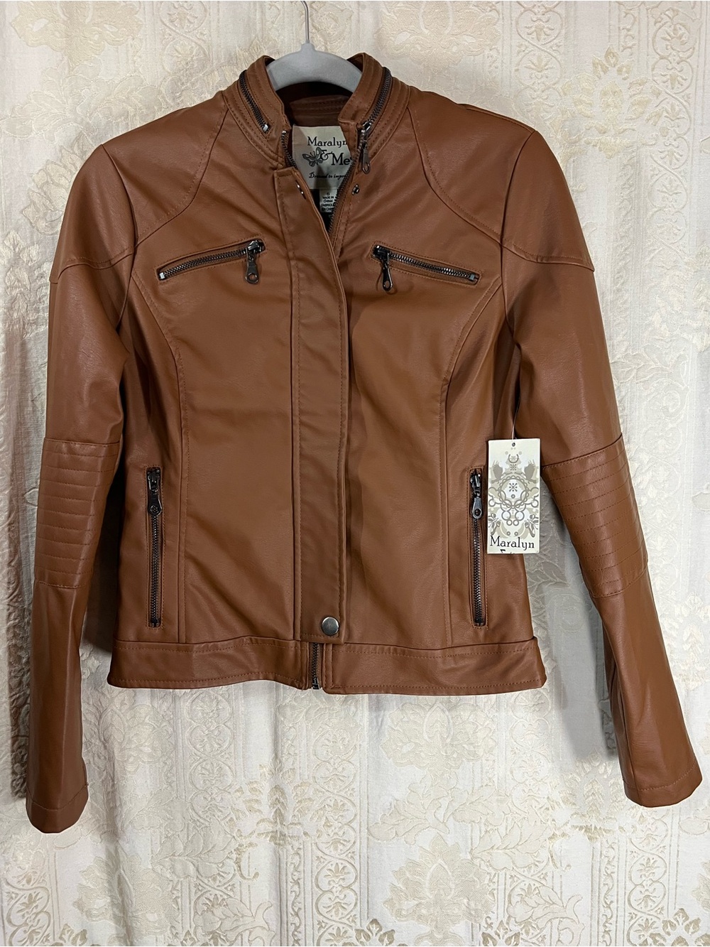 Maralyn & Me S Cognac Faux Leather Moto Jacket NWT